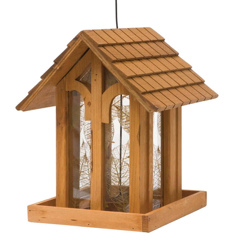 Natural Fir Wood Chapel Bird Feeder with Leaf Print Windows
