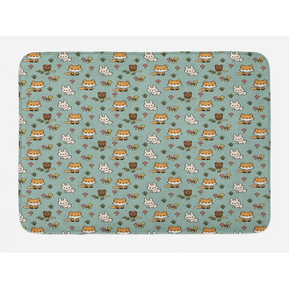 Woodsy Bath Mat, Friendly Woodland Creatures Mushrooms and Plants in Cartoon Style, Plush Bathroom Decor Mat with Non Slip Backing, 29.5" X 17.5", Multicolor, by Ambesonne