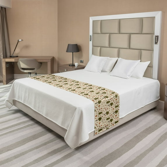 Woodsy Bed Runner, Furry Woodland Wild Animals in the Nature Squirrels Fox Birds, Decorative Accent Bedding Scarf for Hotels Homes and Guestrooms, Queen, Beige Fawn, by Ambesonne