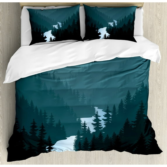 Woodsy Duvet Cover Set, Mountainous Scene with Forest and River, Decorative 3 Piece Bedding Set with 2 Pillow Shams, Queen Size, Petrol Blue Dark Teal, by Ambesonne