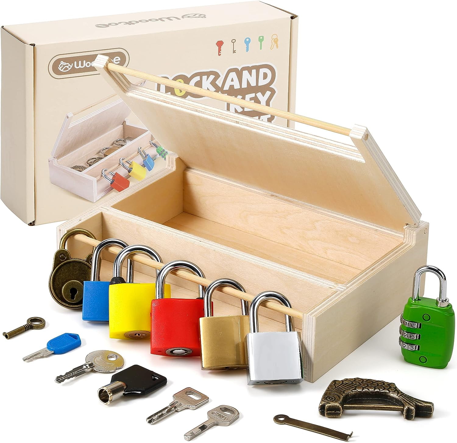 Woodtoe 8 PCS Montessori Lock and Key Toy Set for Toddlers, Wooden Montessori Materials