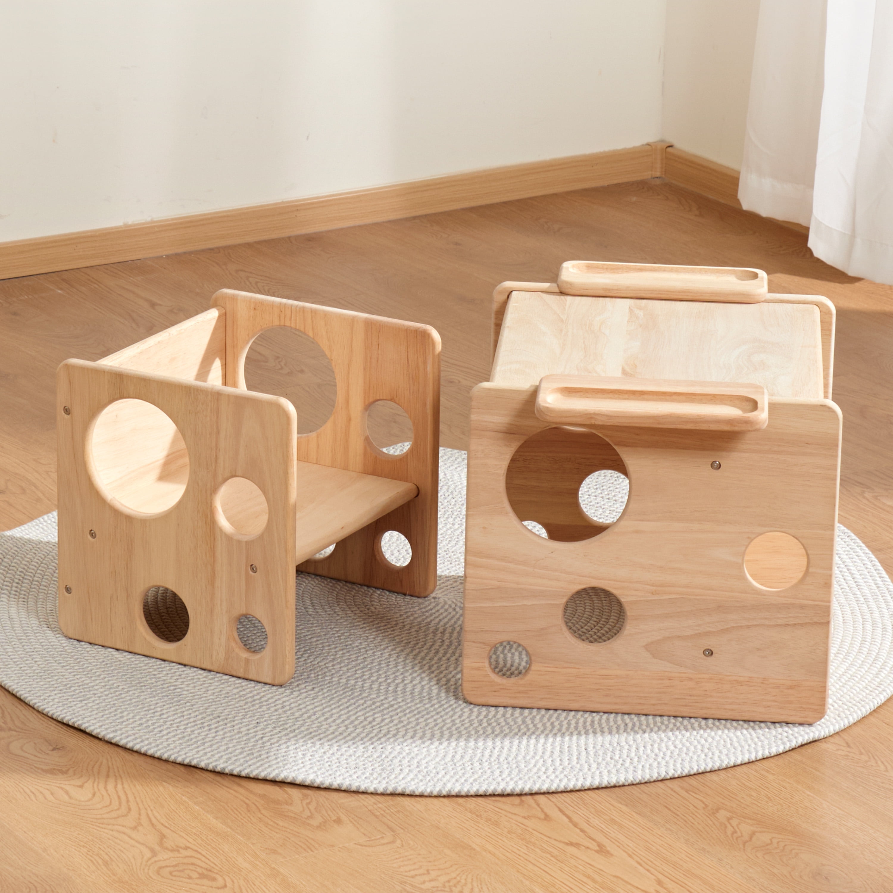 Woodtoe Kids Table and Chair Set, Montessori Weaning Table and Chair Set for Toddler, Natural Solid Wooden Activity Table Cube Chair for Drawing Reading, Montessori Playroom Furniture for Children