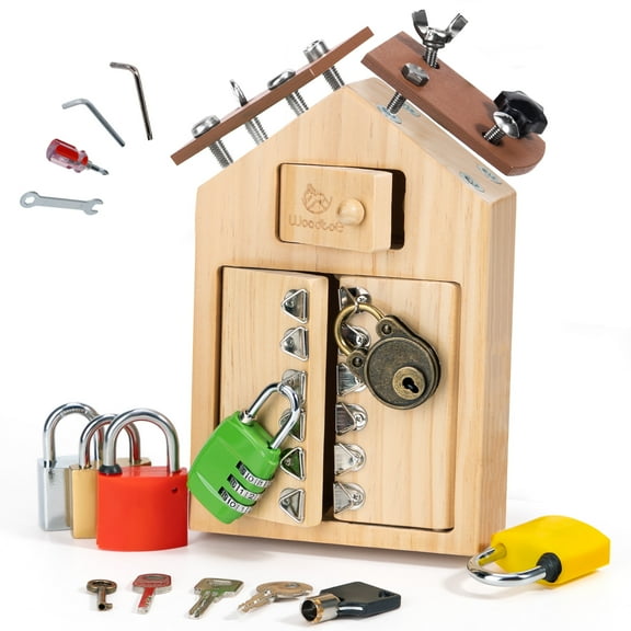 Woodtoe Montessori Screwdriver Board with Lock and Key Toy, Wooden Montessori Toys for Kids 3 4 5 Year Old, Toddler Fine Motor Skills STEM Toy, Preschool Sensory Learning Toys for Boys Girls