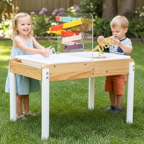 Woodtoe Sand and Water Table for Toddlers, Wooden Sensory Play Activity Table with Dinosaur Puzzle, 2 Collapsible Bins, Acrylic Board & Water Track Toys, Montessori Kids Table Learning Toy for Age 3+