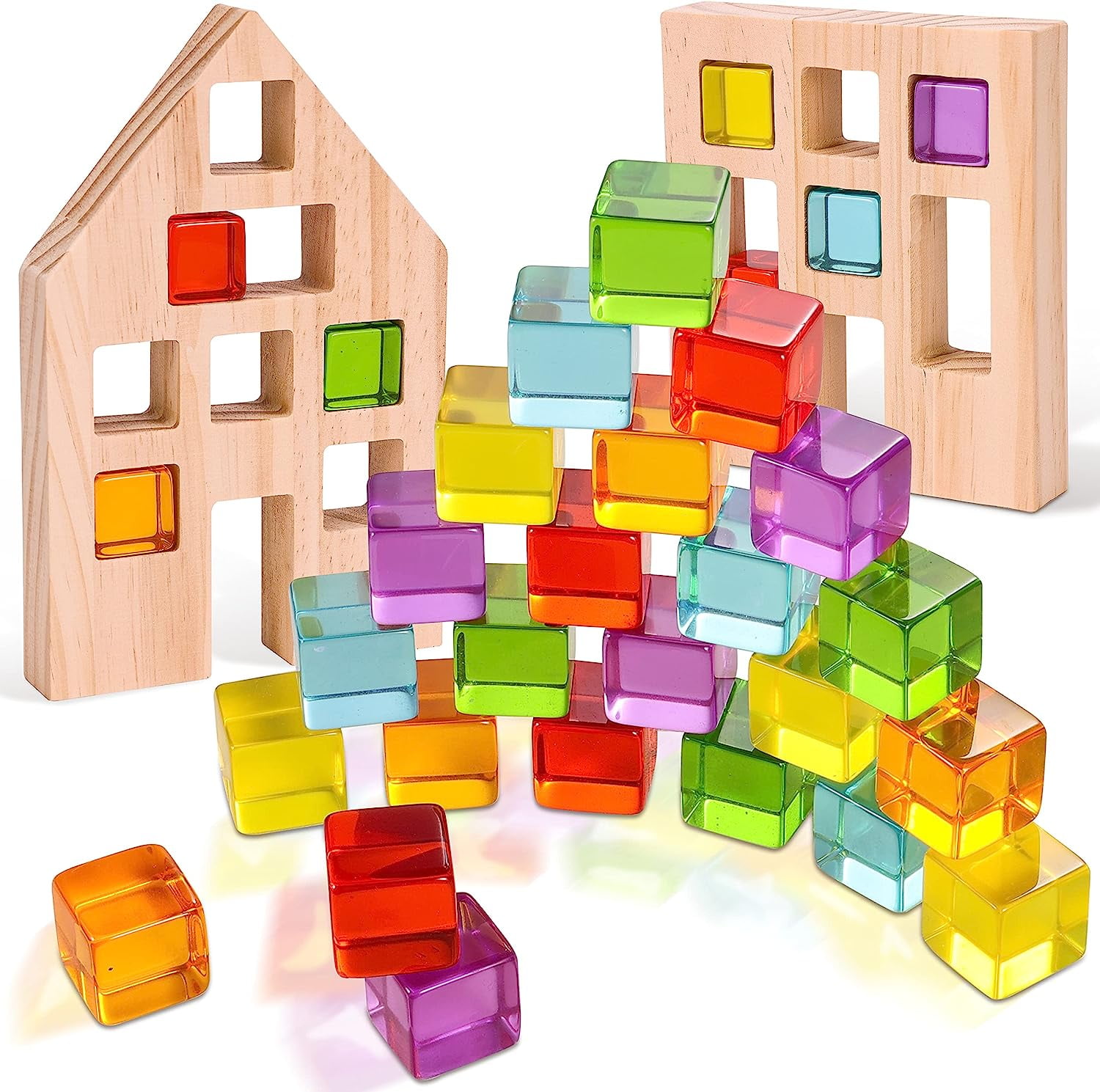 Woodtoe Wooden Building Blocks Set for Kids, 24 PCS Rainbow Gem Cubes