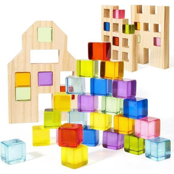 Woodtoe Wooden Building Blocks Set for Kids, 36 PCS Rainbow Acrylic Gem Cubes Blocks - 3 Wood House, Montessori Stacking Toy for Toddlers, Educational STEM Birthday for Boys Girls 3-6