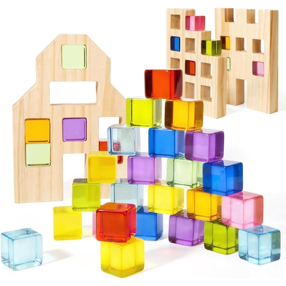 Woodtoe Wooden Building Blocks Set for Kids, 36 PCS Rainbow Acrylic Gem Cubes Blocks - 3 Wood House, Montessori Stacking Toy for Toddlers, Educational STEM Birthday for Boys Girls 3-6