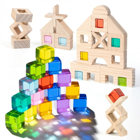 Woodtoe Wooden Rainbow Building Blocks Set for Kids, 22 PCS Wooden Blocks & 25 PCS Gem Cubes Stacking Blocks, Montessori Stacking Toys for Toddlers, Educational STEM Easter Toys for Boys Girls 3-6