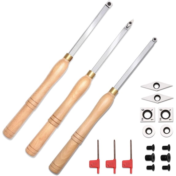 Woodturning Carbide Lathe Tools, 17” Full Size Wood Turning Tool Set of 3 Rougher Detailer Finisher, Includes Replacement Cutter Inserts