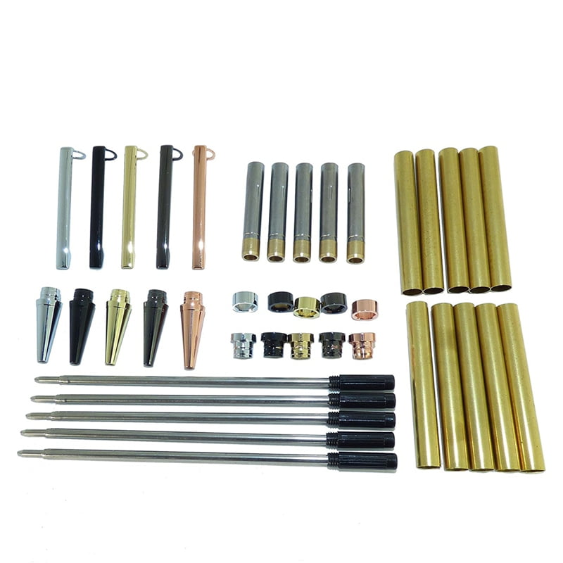 BRW Slimline Pen Kits 5-Pack - 7mm Twist Pen Making Kit With Gold, Silver, Rose Gold, Gunmetal & Nickel Finishes