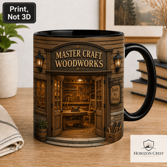Woodworker Gift Mug, Carpenter Coffee Cup with Rustic Woodworking Shop Design