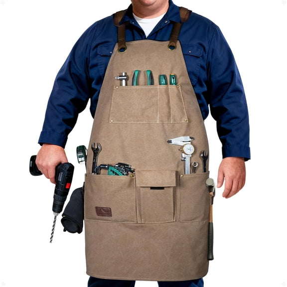 Woodworking Apron for Men - 16oz Soft Washed Canvas with 9 Pockets, Cross-Back Straps & Thick Pads - Adjustable S-XXXL for Mechanics, DIY Crafters - Comfort Focused Tool Apron