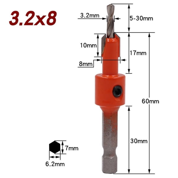 Woodworking Countersink Drill Bit with 1/4 Inch Hex Shank, Adjustable Stop Collar Steel Step Drill Bit for Pilot Hole and Counterbore in Wood Projects(3.2×8)