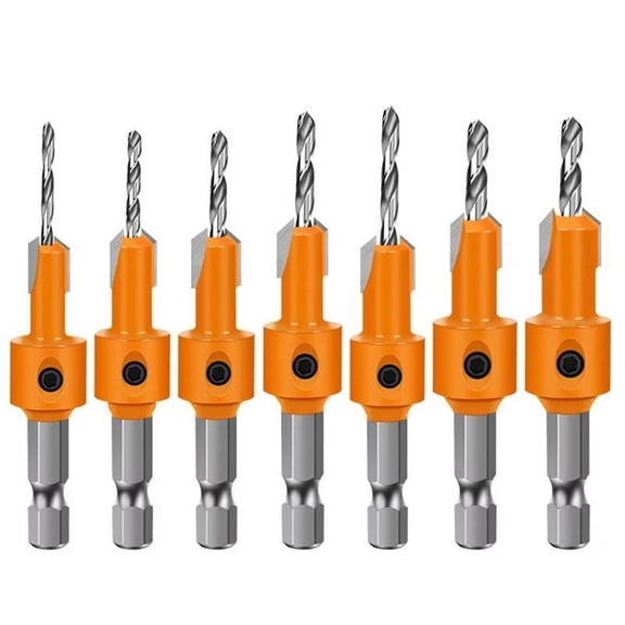 Woodworking Countersink Drill Bit Set, 7-Piece Hex Shank, Includes 8mm and 10mm Countersinks, OPP Bag Packaging