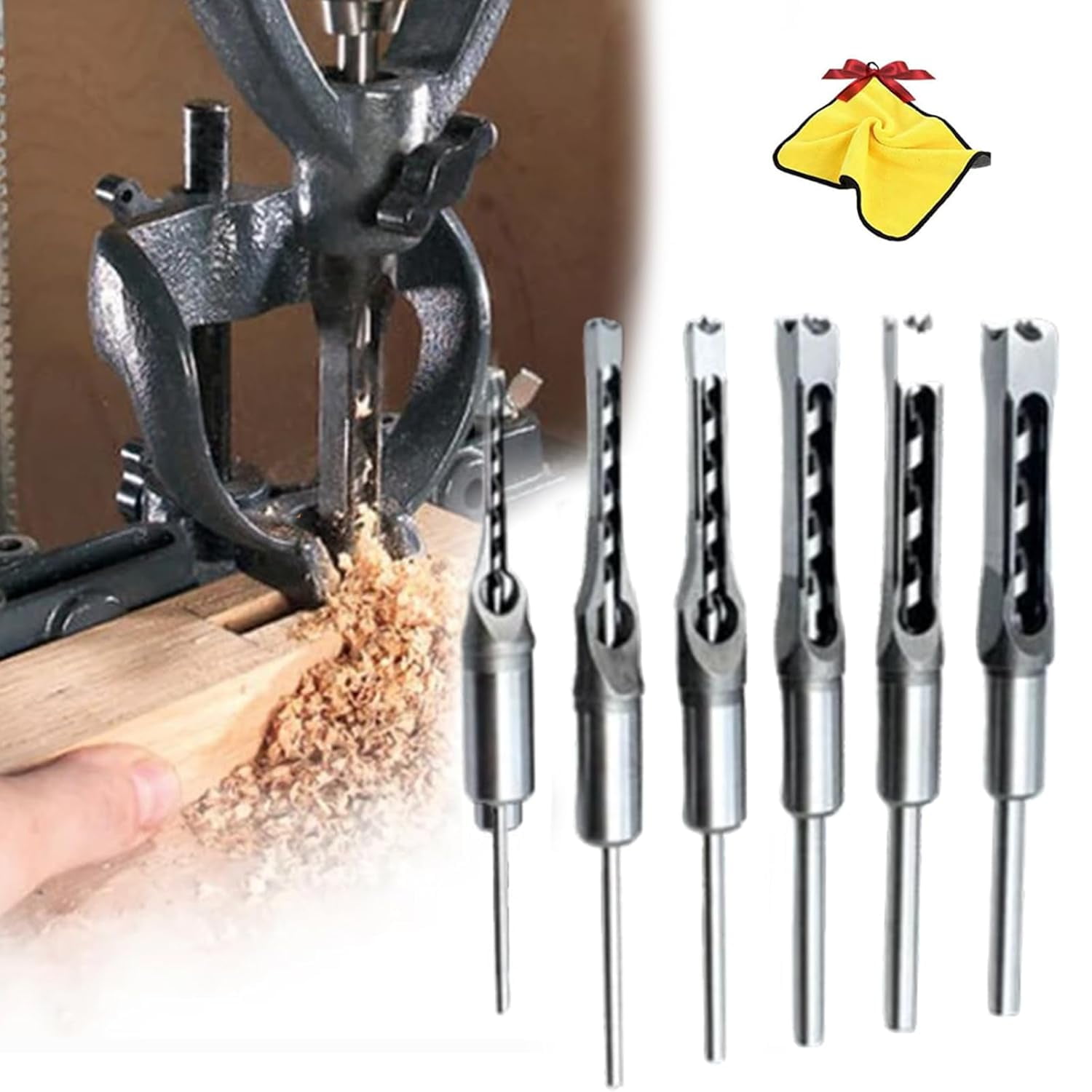 Woodworking Square Hole Drill Bits, 4pcs/6pcs Square Hole Mortise Chisel Drill Bit Tools, 1/4, 5/16, 3/8,1/2, 9/16, 5/8 Wood Mortising Chisel Set for Machines (6pcs)