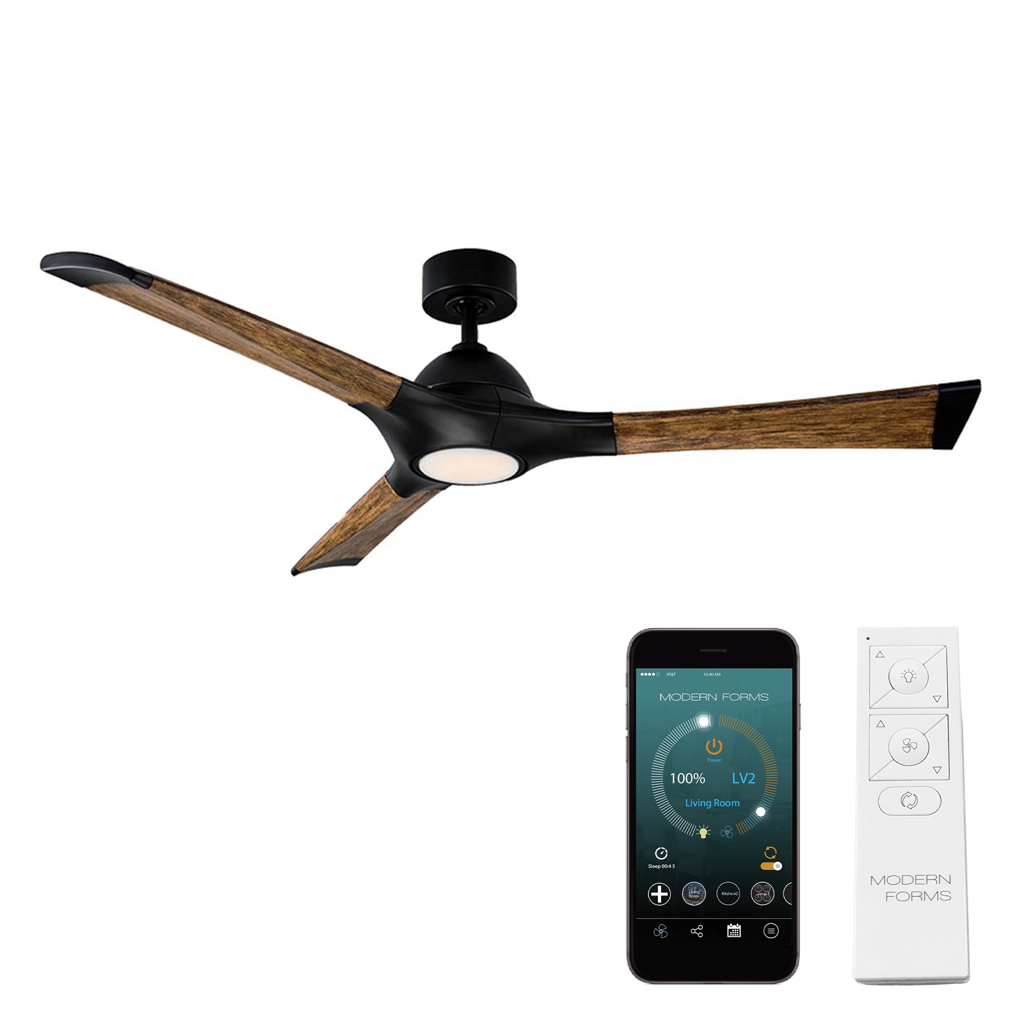 Woody 60" Matte Black and Distressed Koa Smart Ceiling Fan with LED Light