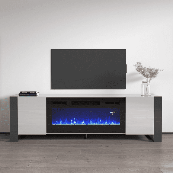 Woody BL-EF Fireplace TV Stand for TVs up to 85", Modern High Gloss 77" Entertainment Center, Electric Fireplace TV Media Console with Storage Cabinets