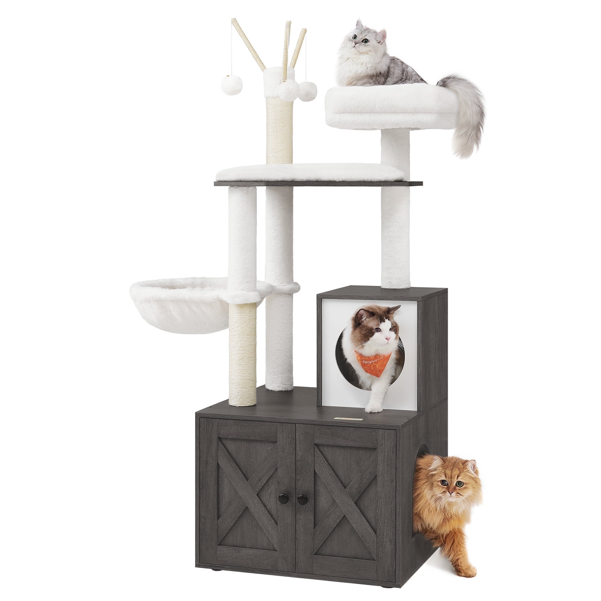 WoodyWonders 2-in-1 Cat Tree with Litter Box Enclosure - Modern Cat Condo with Scratching Posts, Misty Gray