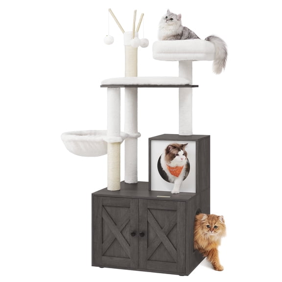 WoodyWonders 2-in-1 Cat Tree with Litter Box Enclosure - Modern Cat Condo with Scratching Posts, Misty Gray