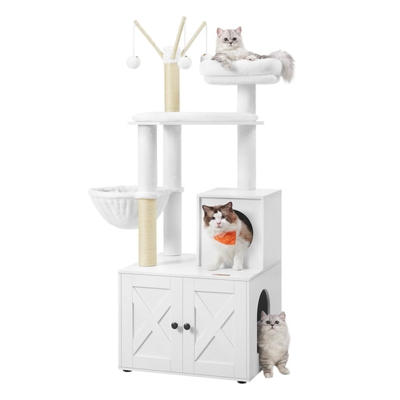 WoodyWonders 2-in-1 Cat Tree with Litter Box Enclosure - Modern Cat Condo with Scratching Posts, White
