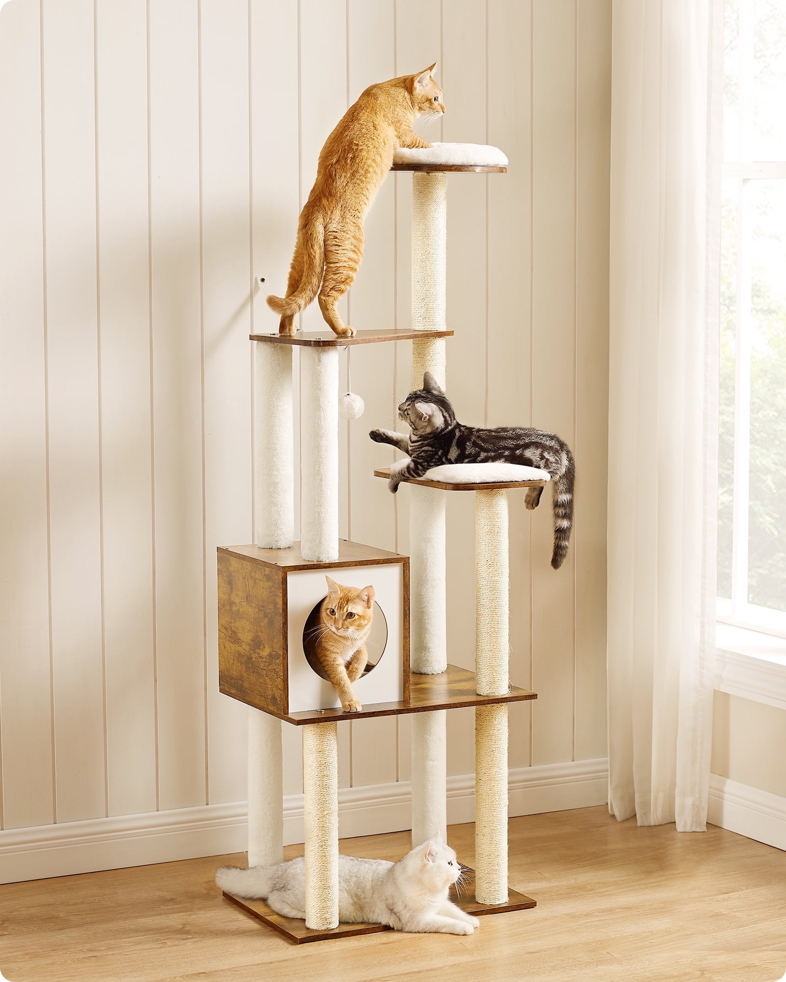 WoodyWonders Cat Tree, 65-Inch Modern Cat Tower for Indoor Cats, Multi-Level Cat Condo with Scratching Posts, Cat Furniture, Rustic Brown