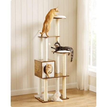 WoodyWonders Cat Tree, 65-Inch Modern Cat Tower for Indoor Cats, Multi-Level Cat Condo with Scratching Posts, Cat Furniture, Rustic Brown