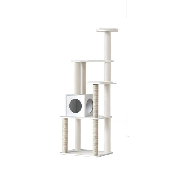 WoodyWonders Cat Tree, 65-Inch Modern Cat Tower for Indoor Cats, Multi-Level Cat Condo with Scratching Posts, Cat Furniture, White