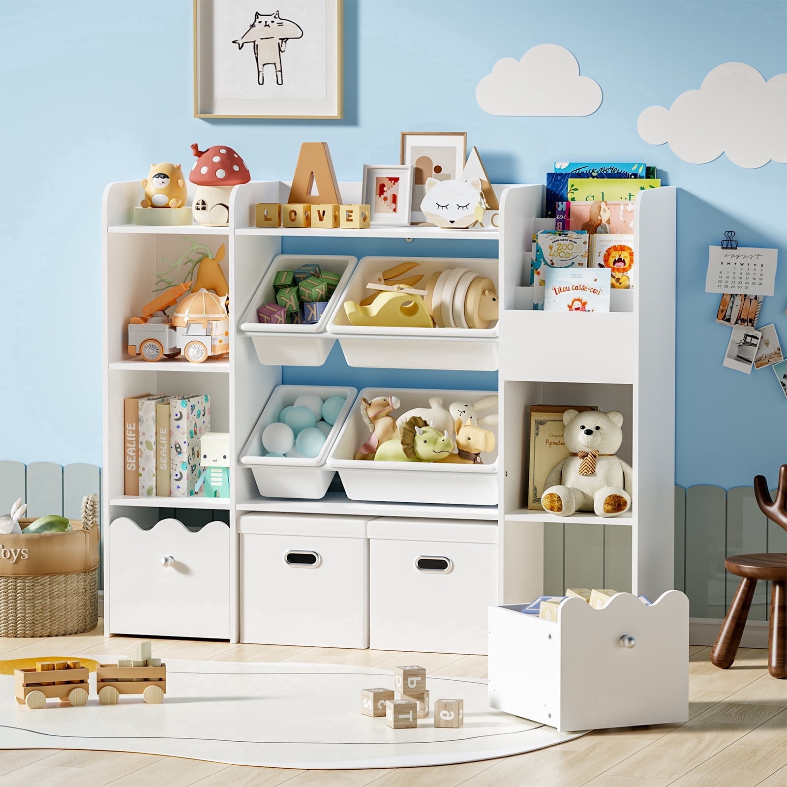 HOMMPA Toy Storage Organizer with Picture Bookshelf, Kids Bookcase with 4 Toy Storage Bins, Toy Organizer with 2 Removable Drawers, 2 Storage Boxes and 3 Cube Storage for Bedroom Playroom, White