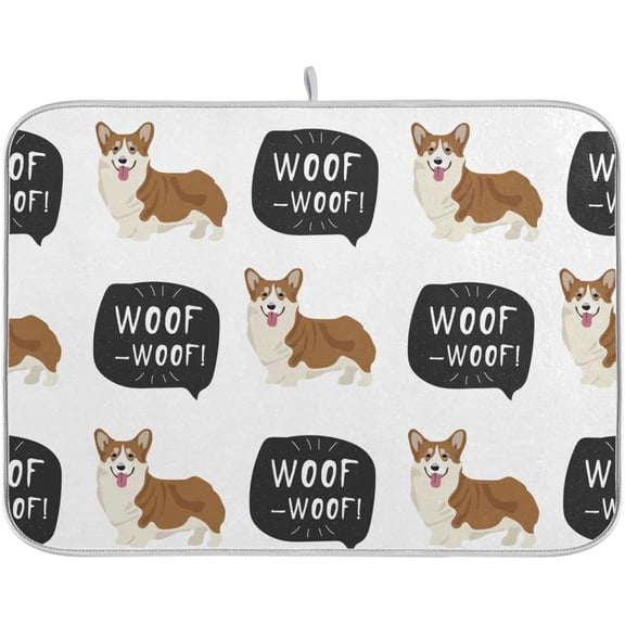 Woof Corgi Dogs Dish Drying Mat for Kitchen Counter Drying Mats Super Absorbent Dish Drying Pad Large with Hanging Loop for Kitchen Accessories 18"x24"