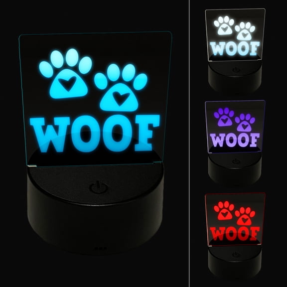 Woof Dog Paw Prints Hearts Love Fun Text LED Night Light Sign 3D Illusion Desk Nightstand Lamp