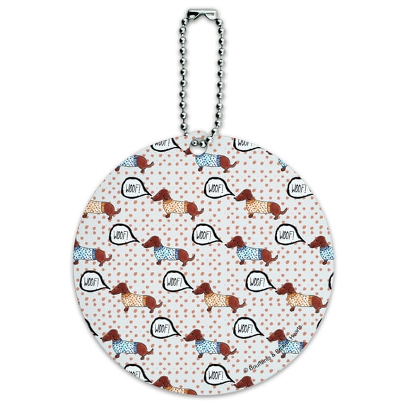 Woof Goes the Wieners Dachshunds Dogs in Sweaters Pattern Round Luggage ID Tag Card Suitcase Carry-On