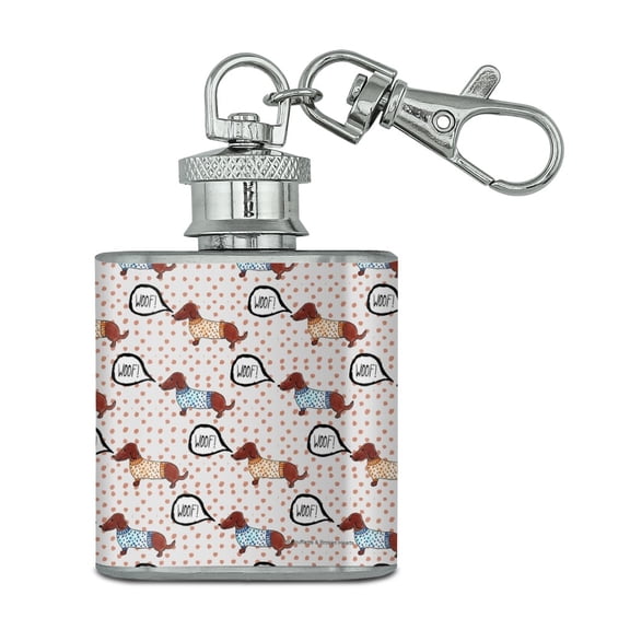 Woof Goes the Wieners Dachshunds Dogs in Sweaters Pattern Stainless Steel 1oz Mini Flask Key Chain