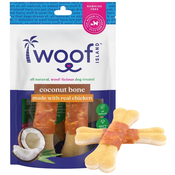 Woof Island Coconut Bone with Real Chicken Dog Chew, Rawhide-Free & Highly Digestible Dental Treat for Dogs