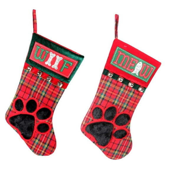 Woof and Meow Plaid Paw Print Family Pets Christmas Holiday Stockings Set of 2
