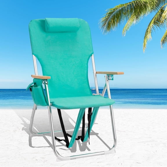 WoofPaw 17" Tall Beach Chairs for Adults,Aluminum 4-Position Backpack Beach Chair with Wooden Armrests,Folding Lawn Chair for Outdoor, Camping, Patio,Green