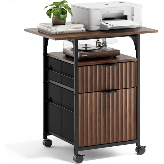 WoofPaw 2 Drawer File Cabinet with 24'' Extended Desktop, Fluted Filing Cabinet Mobile Under Desk File Cabinet with Wheels, Fabric Drawers Printer Stand for Home Office, Fits Letter Size, Walnut