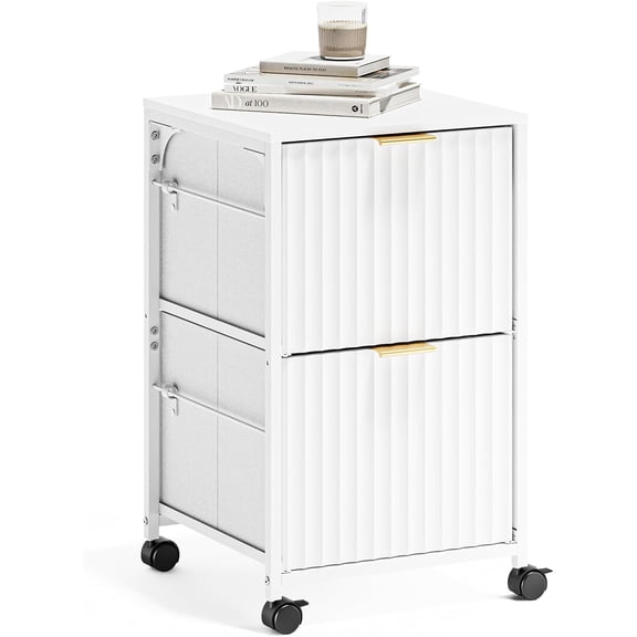 WoofPaw 2 Drawer Mobile File Cabinet, Rolling Fluted Filing Cabinet Under Desk File Cabinet with Wheels, Fabric Drawers Printer Stand for Home Office, Fits Letter Size, White