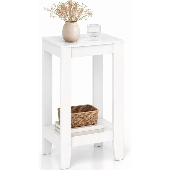 WoofPaw 2-Tier End Table Tall Nightstand, Simple Design Sofa Bedside Table with Versatile Shelf and Wooden Legs for Small Spaces, Living Room, Study, Bedroom, Narrow Telephone Table, White