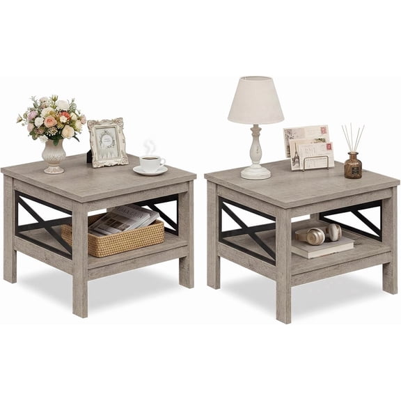 WoofPaw 2-Tier Square End Table Set of 2, 24'' Sofa Couch Side Table with Storage Shelf & X-Frame, Farmhouse Wood Bedside Night Stand for Bedroom Living Room (Oak Grey)