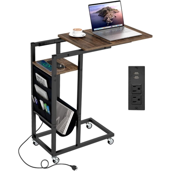 WoofPaw 27" C Shaped End Table w/Charging Station, Rolling Wheels,Outlets & USB Port, Side Table Nightstand Small Laptop Sofa TV Tray C Table for Living Room, Rustic Brown,1 Pack
