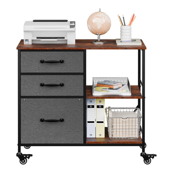 WoofPaw 3 Drawer Mobile File Cabinet, Freestanding Fabric Lateral Filing Cabinet Fits A4/Letter Size, Space Saving Rolling Printer Stand with X-Frame and Open Storage Shelf for Home Office,Dark Gray