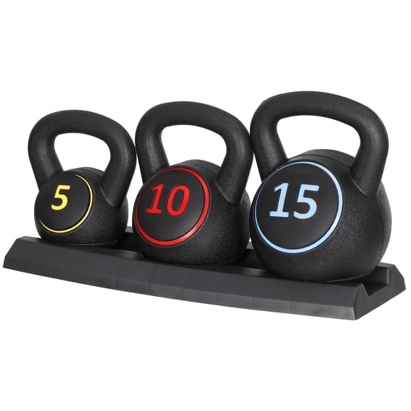 WoofPaw 3-Piece Kettlebell Set with Storage Rack, HDPE Coated Exercise Fitness Concrete Weights for Home Gym, Strength Training, HIIT Workout 5lb, 10lb, 15lb