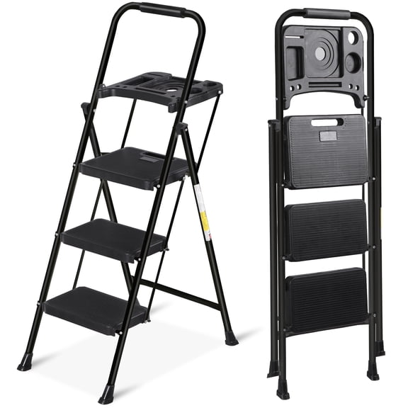 WoofPaw 3 Step Folding Ladder with Tool Tray - Carbon Steel, Space-Saving Design, Non-Slip PVC Feet & PP Platform, Ideal for Home/Office/Outdoor Use,Black