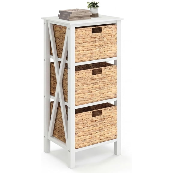 WoofPaw 3-Tier Nightstand with 3 Wicker Baskets, Wooden X-Design Side Table End Table, Beside Table with Acacia Wood Legs, Mid Century Accent Storage Cabinet for Small Spaces, Bedroom, White