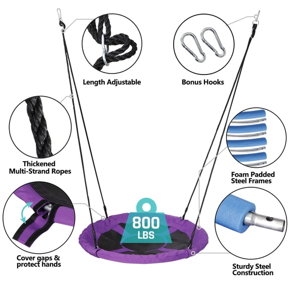 WoofPaw 40 Inch Saucer Tree Swing, Indoor Outdoor Kids Swing Set w/Height Adjustable Hanging Straps, Wear-Resistant & Water Proof Large Round Flying Saucer for Playground Backyard Playroom,Purple
