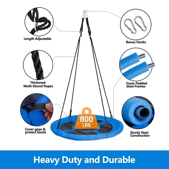 WoofPaw 40 Inch Saucer Tree Swing, Indoor Outdoor Kids Swing Set w/Height Adjustable Hanging Straps, Wear-Resistant & Water Proof Large Round Flying Saucer for Playground Backyard Playroom,Blue