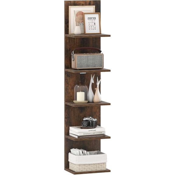 WoofPaw 5 Tier Wall Shelf Unit, Narrow Vertical Floating Shelves for Home Decoration and Storage Organizer, Lack Wall Shelf, Wall Mounted Display Shelves for Bedroom, Living Room, Rustic Brown