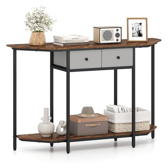 WoofPaw 51" Console Table with 2 Drawers, 2-Tier Narrow Entryway Table with Open Storage Shelf, Hexagonal Freestanding Sofa Tables Behind Couch for Living Room Hallway Entrance, Rustic Brown