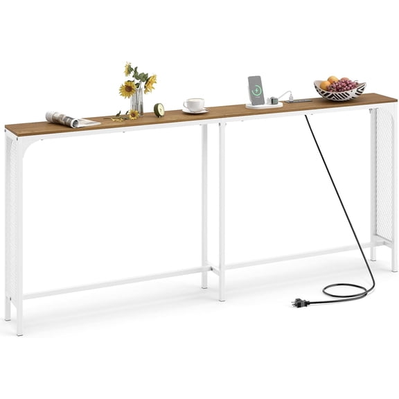 WoofPaw 71" Narrow Console Table with 2 Power Outlets and USB-C Ports,Skinny Behind Couch Tables, Long Entryway Tables for Living Room,Natural + White