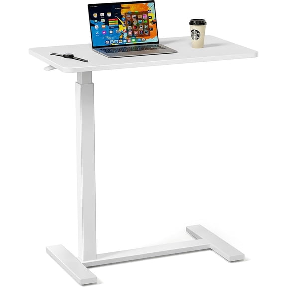 WoofPaw Adjustable Overbed Bedside Table with Wheels, Rolling Laptop Table, Pneumatic Adjustable Hospital & Home Use Bed Table, Mobile Standing Desk,White